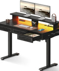 Electric Standing Desk With Three Wooden Drawers, 48 Inch Wide Height Adjustable Sit Stand Desk With Built In Power Outlets And LED Lights