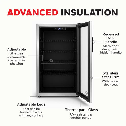 Front view of 116 Can Beverage Cooler With Glass Door For Soda, Beer Or Wine, Digital Thermostat, Led Interior Light.