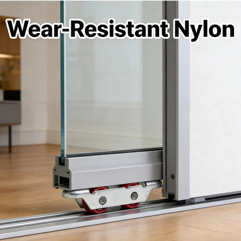 4Pcs Set Rock Solid Steel Slider Door Rollers With Silent Dual Nylon Wheels 16Mm Double Groove Design Self Adjusting Tray For Hassle Free Window Cabinet Glide Upgrades showing dual nylon wheels on sliding door.