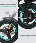Close-up of dual disc brakes on Dope Folding Electric Bike For Adults And Teens, Ultra Compact 14 Inch Ebike, showcasing brake detail.