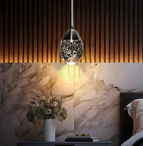 Teardrop Crystal Pendant Light In Black Dimmable LED Bubble Ceiling Fixture With Adjustable Metal Rods Hand Blown Glass in bedroom