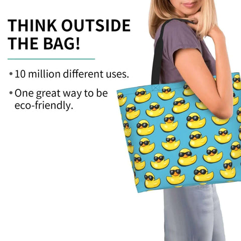 Big Lightweight Tote For Women With Cool Duck Sunglasses Print Reusable Foldable Travel Shoulder Bag Water Repellent Polyester Everyday Carry