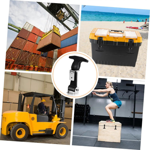 Stainless Steel T Handle Latches With Rubber Grip, Heavy Duty Tool Box And Truck Hood Latch, shown with containers and tools