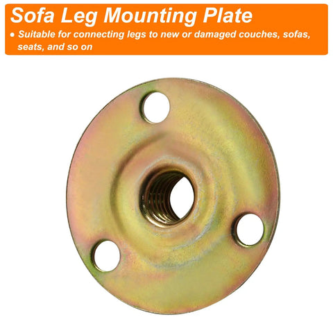 Heavy Duty Furniture Leg Mounting Plates 4 Pack Beefy T Nut Brackets With M4 Screws And Grip Tight Pads Dead Simple Diy Home Makeover Kit close-up of a metal sofa leg mounting plate.