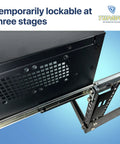 Close-up of Heavy Duty Rackmount Sliding Rails Kit for 1U to 4U Servers showing temporary lock system on blue background