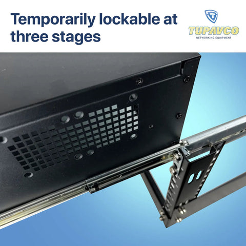 Close-up of Heavy Duty Rackmount Sliding Rails Kit For 2U To 8U Server Racks showcasing three-stage locking mechanism.