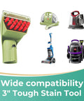 Replacement 3 Inch Heavy Duty Grime Busting Stain Brush Head for Portable Carpet And Upholstery Cleaners displayed with compatible machines