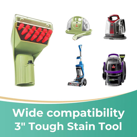Replacement 3 Inch Heavy Duty Grime Busting Stain Brush Head for Portable Carpet And Upholstery Cleaners displayed with compatible machines