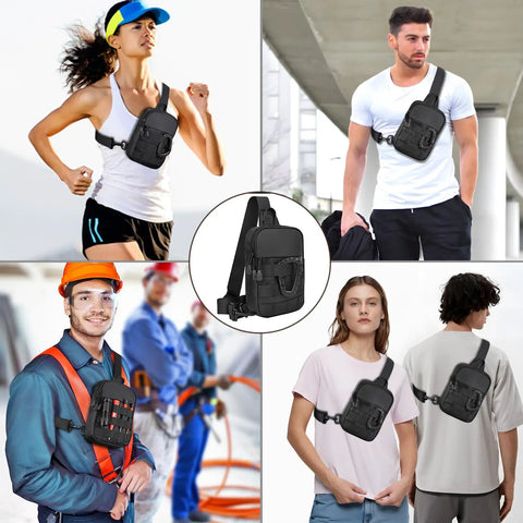 Collage of people using Slim EDC Sling Bag For Men Tactical Waterproof Mini Crossbody Chest Pack in various settings