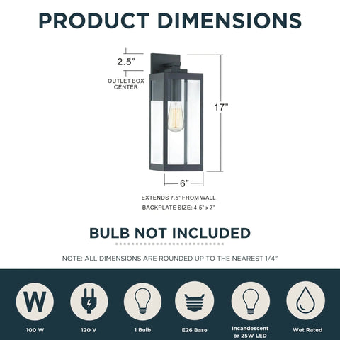 Westover 17 Inch Outdoor Wall Sconce 1 Light Earth Black Finish With Clear Beveled Glass E26 Base Wet Rated diagram.