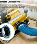 4-inch magnetic dust collection fittings, front view showing mag port connector attached to blue hose on dust collector.