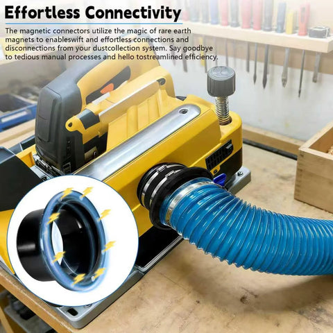4-inch magnetic dust collection fittings, front view showing mag port connector attached to blue hose on dust collector.