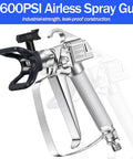 No Fuss Airless Paint Sprayer Kit With 25 Ft Hose And Three Reversible Tips For Snappy Coverage two-extension rods heavy-duty filter rig plus rugged gloves close-up of 3600 PSI airless spray gun.
