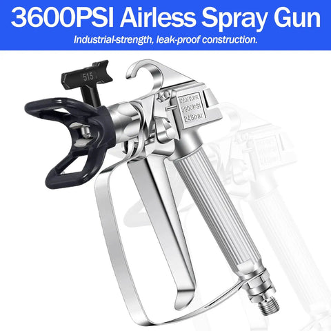No Fuss Airless Paint Sprayer Kit With 25 Ft Hose And Three Reversible Tips For Snappy Coverage two-extension rods heavy-duty filter rig plus rugged gloves close-up of 3600 PSI airless spray gun.