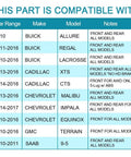 Compatibility chart for Front And Rear Wheel Bearing Hub Assembly With ABS Beefed Up 5 Lug For Cadillac XTS CTS Buick LaCrosse Regal Allure Chevrolet Equinox Malibu Impala GMC Terrain Saab 9 5