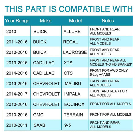 Compatibility chart for Front And Rear Wheel Bearing Hub Assembly With ABS Beefed Up 5 Lug For Cadillac XTS CTS Buick LaCrosse Regal Allure Chevrolet Equinox Malibu Impala GMC Terrain Saab 9 5
