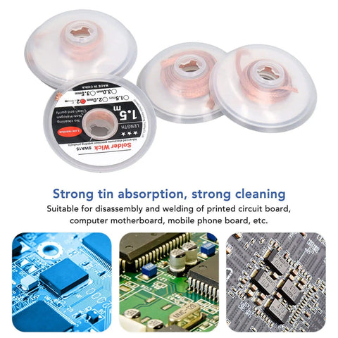 Red Copper Solder Wick Desoldering Braid Pack 5 Pieces 1.5m 4.9ft Quick Tin Removal Wire For PCB Motherboard And Phone Repair displayed with usage examples.