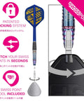 Rising Sun Gen 10 Steel Tip Darts with patented locking system and Swiss point tool illustration for quick point change.