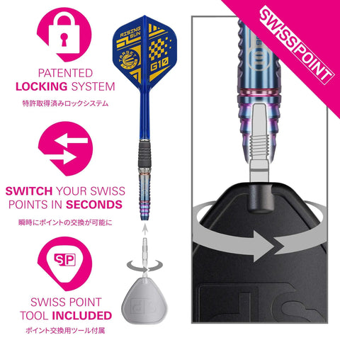 Rising Sun Gen 10 Steel Tip Darts with patented locking system and Swiss point tool illustration for quick point change.