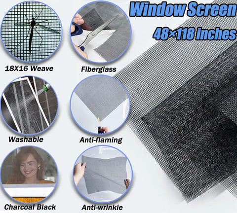 6 In 1 Window Screen Repair Kit With Black Mesh 48x118 close-up showing fiberglass mesh, anti-wrinkle features, and size