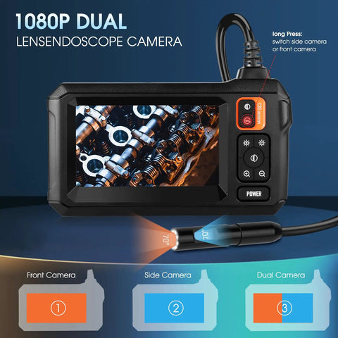 Dual Lens Endoscope 1080P Borescope With 32.8ft Cable And 4.3Inch LCD Screen For Easy Tight Spots, showing dual camera angles