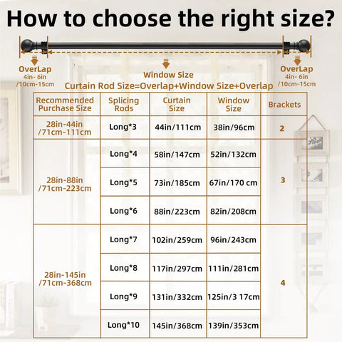 Sizing chart for Heavy Duty 5/8 Inch Curtain Rod Set 28-44 Inch Splicing Rod with Brackets in Black Rustic Finish