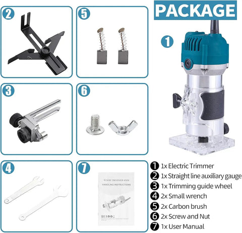Package contents of Electric Wood Router Trimmer 800W Handheld Palm Router with accessories and user manual.