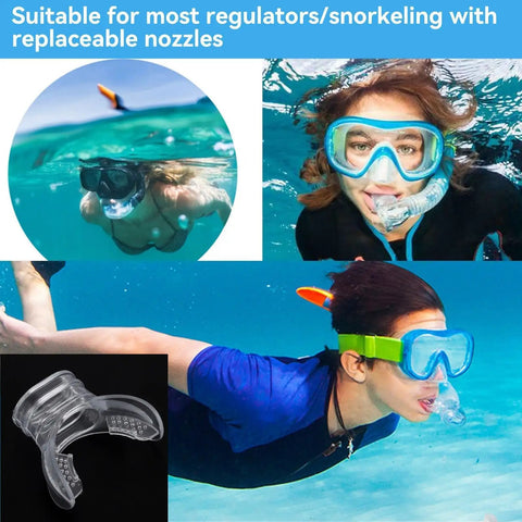 PVC Snorkel Mouthpiece Replacement For Regulators And Scuba Gear With Comfort Fit featured in use underwater snorkel scenes
