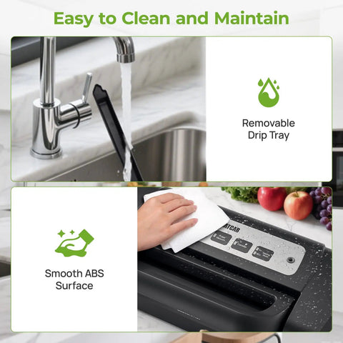 Powerful Vacuum Sealer For Food 90kPa With Dry And Moist Modes being cleaned with removable drip tray shown
