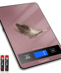 Digital Kitchen Scale for Pro Grade Precision in Cooking and Baking, Rose Gold Waterproof Stainless Steel with feather on display