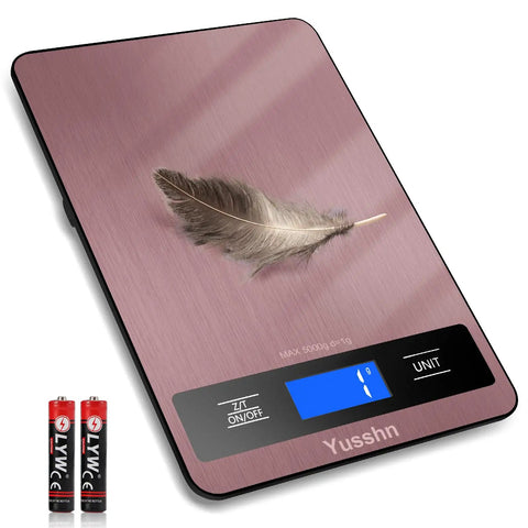 Digital Kitchen Scale for Pro Grade Precision in Cooking and Baking, Rose Gold Waterproof Stainless Steel with feather on display