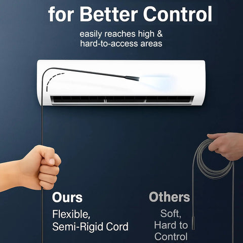 49.2 Ft Semi-Rigid Endoscope Camera With Light showing flexible cord compared to soft cord under air vent