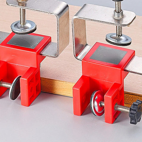 Rock Solid Stainless Steel Drawer Panel Clamp With Zero Hassle Adjustable Side Mount and Precision Knob, detailed view on wood.