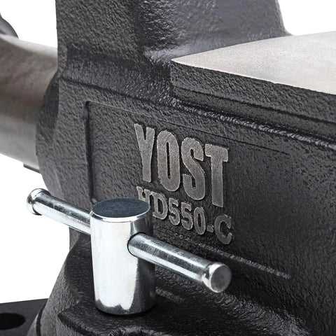 Heavy Duty 5 And A Half Inch Mechanics Work Bench Vise With Secure Grip Swivel Base For Woodworking And Metalworking Featuring 60,000 PSI Cast Iron Construction And Extra Large Anvil Surface Built Like A Tank For Pro Grade Projects, close-up of YOST HD550-C vise