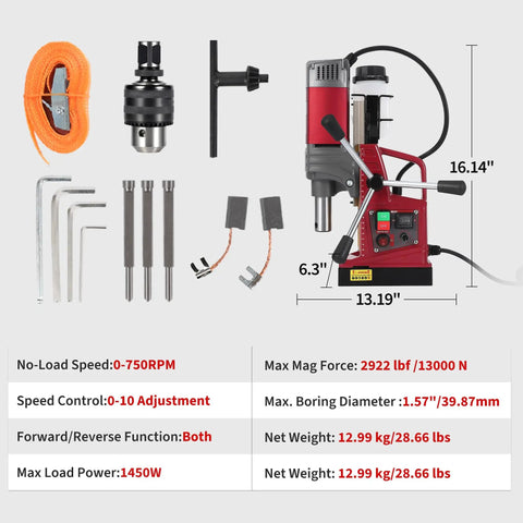 Heavy Duty Magnetic Drill Press 2 Inch Capacity With 210mm Stroke 13000 N Magnetic Hold 1550W Copper Wound Motor 750 RPM Portable Electric Kit