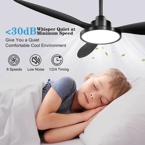 52 Inch Black Ceiling Fan With Light And Remote Control over sleeping child in bedroom, quiet operation shown