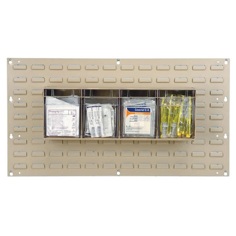 TiltView Plastic Storage Cabinet With 3 Tilt Out Bins, mounted on wall, holding medical supplies in clear bins