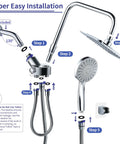 Installation steps for Rainfall Dual Shower Head Combo with 8-Inch Rain Head and 5-Function Handheld Spray, showing components and connections.
