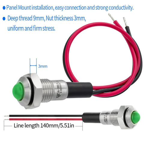 8mm Mini Indicator Light IP67 Waterproof Domed Stainless Steel 304 LED Signal Lamp Red And Green 12V 24V DC AC With 140mm Wire