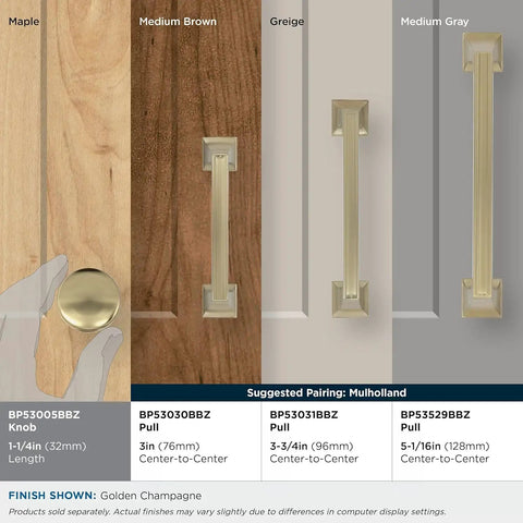 Three cabinet knob styles including a 1-1/4 inch round golden champagne knob for traditional kitchen drawers.