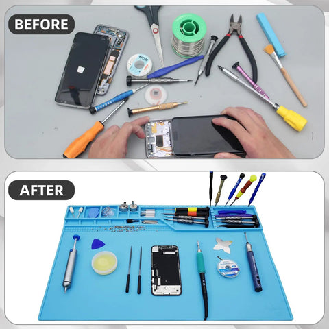 Before and after using Large Silicone Solder Mat Heat Resistant To 932 F Magnetic Repair Surface with tools in Light Blue 22x14 Inch