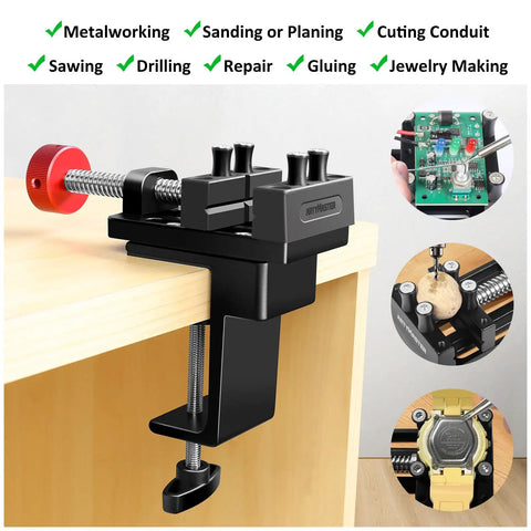 Tiny But Mighty Mini Drill Press Vise with rubber soft jaws, edge-mounted on a table, used for jewelry making and repairs.