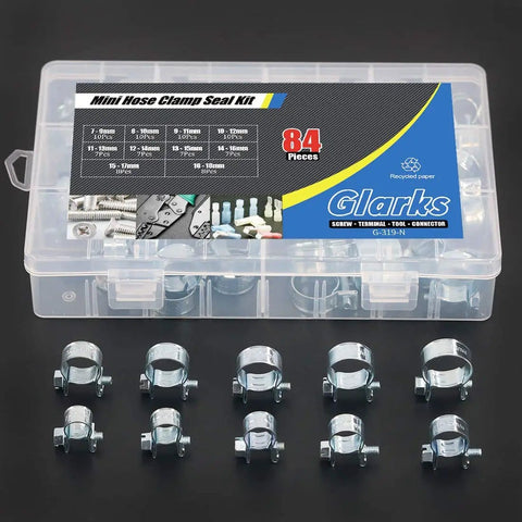 84 Piece Mini Fuel Injection Style Hose Clamp Set, 10 Clamp Sizes, Beefy Zinc Plated Steel, Fits Diesel And Gas Lines, Clear Storage Box, Quick Access Hex Screws, Durable Automotive Hose Clamp Kit shown in labeled box with 10 clamp sizes displayed in front