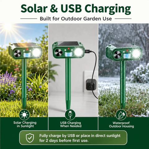 Solar Ultrasonic Deer Repellent With Motion Sensor and Flash Light for Outdoor Garden Yard Protects Flowers Vegetables and Plants From Deer Cats and Rabbits, solar and USB charging, waterproof