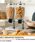 Top Shelf Stainless Steel Cereal Dispenser With Smooth Glide Dual Pump Airtight Dry Food Storage Tub For Coffee Beans Nuts And Bulk Munchies 16 Liter Commercial Grade Pantry Stocking Rack In Glossy Silver with cereal and candy.