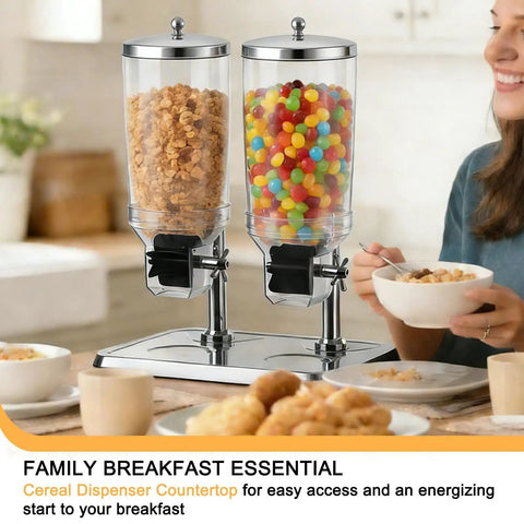 Top Shelf Stainless Steel Cereal Dispenser With Smooth Glide Dual Pump Airtight Dry Food Storage Tub For Coffee Beans Nuts And Bulk Munchies 16 Liter Commercial Grade Pantry Stocking Rack In Glossy Silver with cereal and candy.