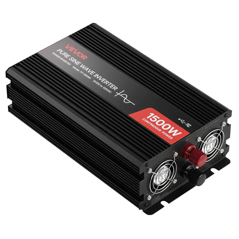 1500W Pure Sine Wave Power Inverter Transforms 12V Dc Into 120V Ac For Rv Trucks With Remote Control USB Type C fast charge ports, metal casing.