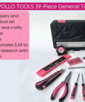 39 Piece General Household Tool Set In Toolbox Storage Case With Essential Hand Tools For Everyday Home Repairs DIY And Crafts Pink Ribbon Edition Includes Hammer Pliers Wrench Tape Measure Utility Knife Magnetic Level And More