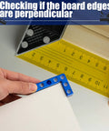 Checking board edges with Dead Accurate Mini Center Finder For Woodworking Enthusiasts Featuring A 90 Degree Layout Square.