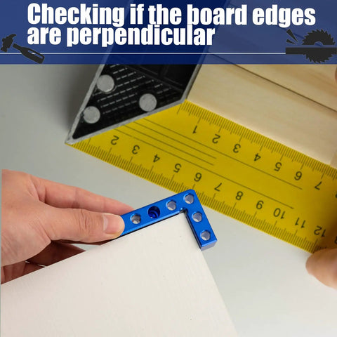 Checking board edges with Dead Accurate Mini Center Finder For Woodworking Enthusiasts Featuring A 90 Degree Layout Square.